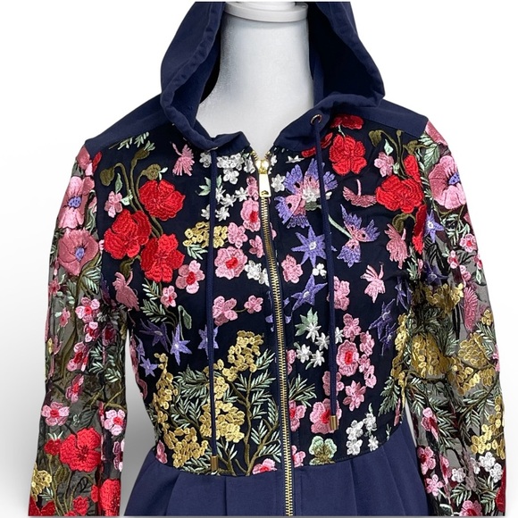 Boston Proper Navy Floral Embroidered Hoodie Jacket Size Small - Picture 4 of 11